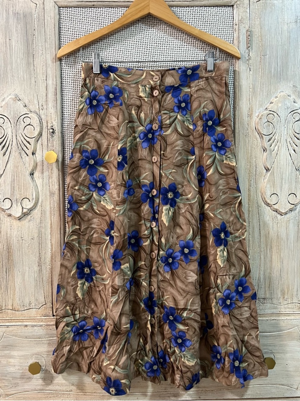 Vintage Sag Harbor Brown Maxi Skirt with Blue Floral Print
